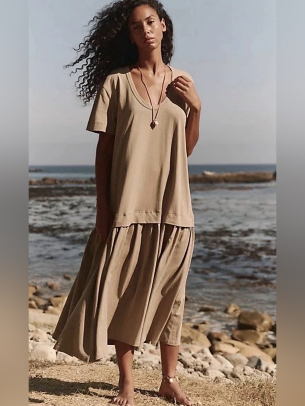 Free People Herron drop-waist maxi dress neutral taupe brown size M